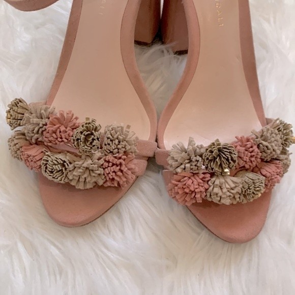 Loeffler Randal Layla Blush Pink Suede Block Heel Ankle Strap Pom Sandals Sz 6.5 - Picture 5 of 14